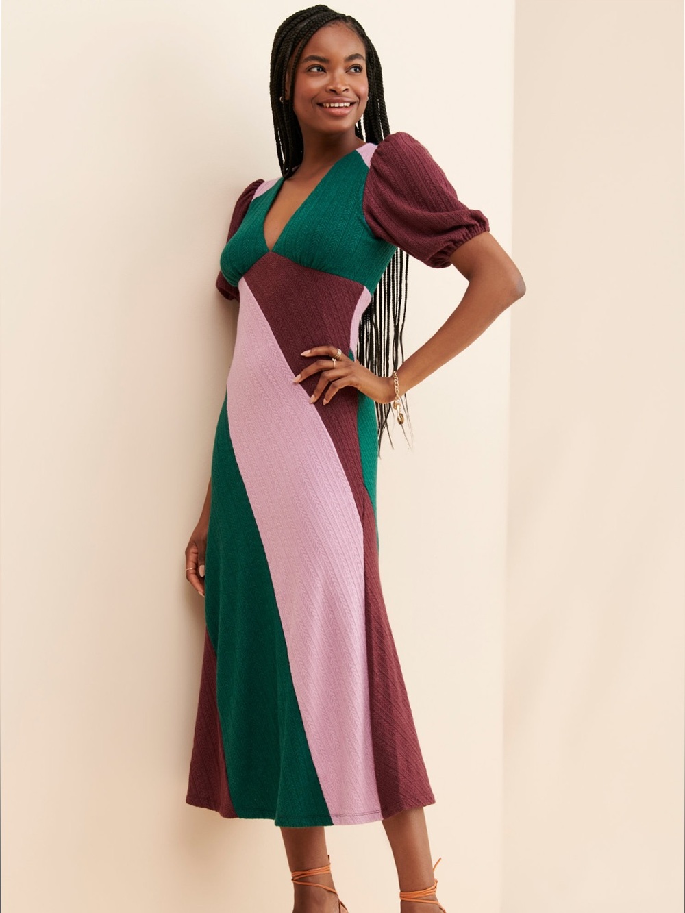 Hutch Colorblock Rib Knit Puff Sleeve Midi Dress